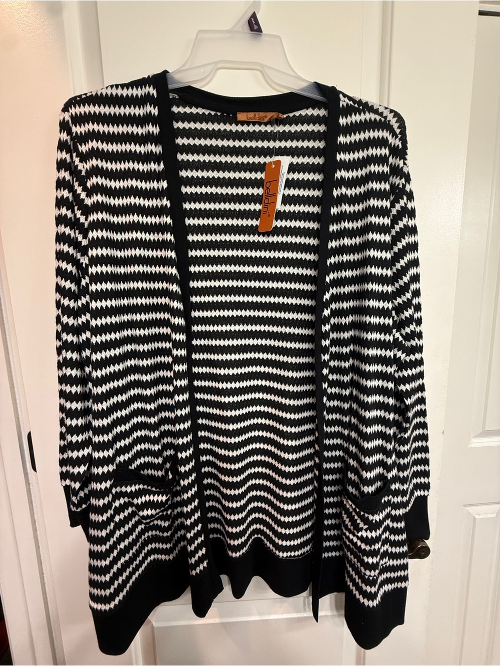 Belldini Black & White Zigzag Open-Front Cardigan